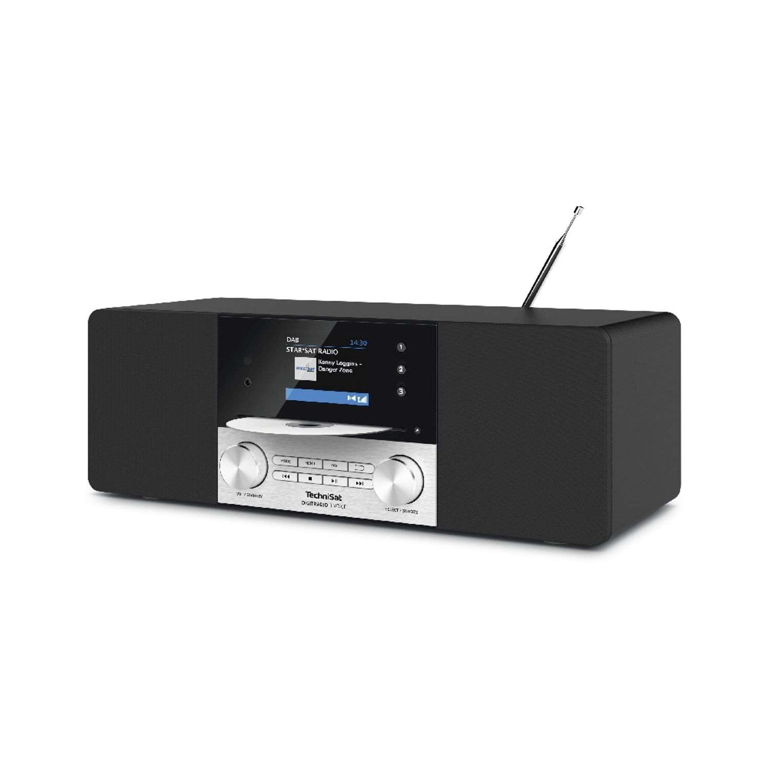 Czarny TechniSat DIGITRADIO VOICE z odtwarzaczem CD, wyświetlaczem z informacjami radiowymi i anteną. Widoczne srebrne pokrętła i przyciski.