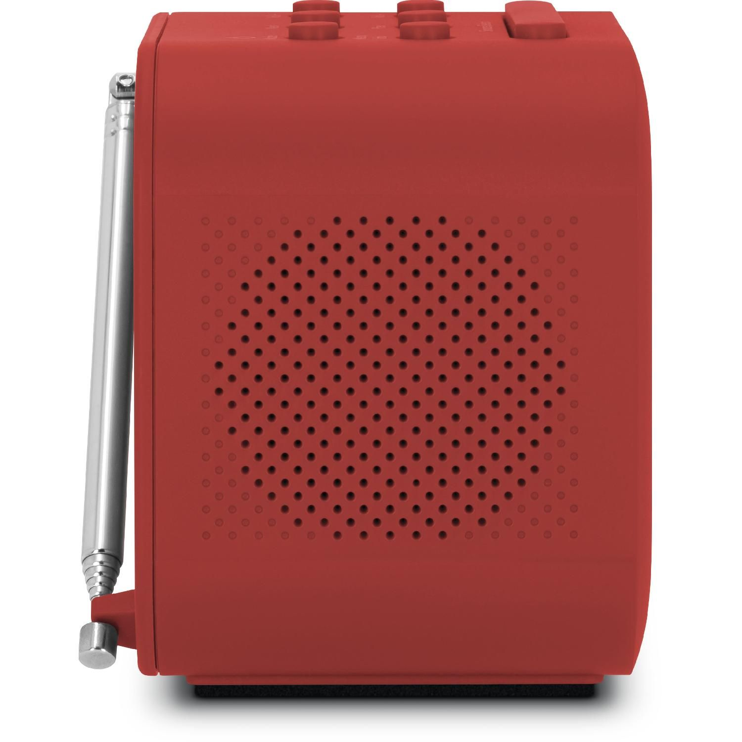 Czerwone radio, widok z boku. Posiada kratkę głośnika, antenę i przyciski. Radio stoi na białej powierzchni.