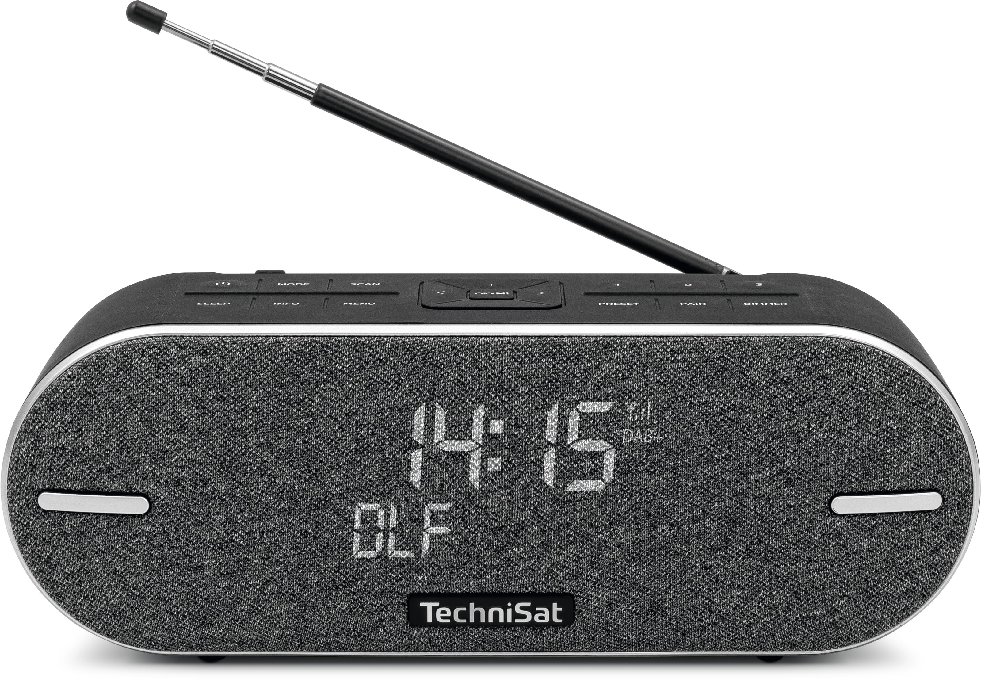 Una radio digitale TechniSat nera mostra le 14:15. Ha un frontale in tessuto grigio, finiture argentate e un'antenna.