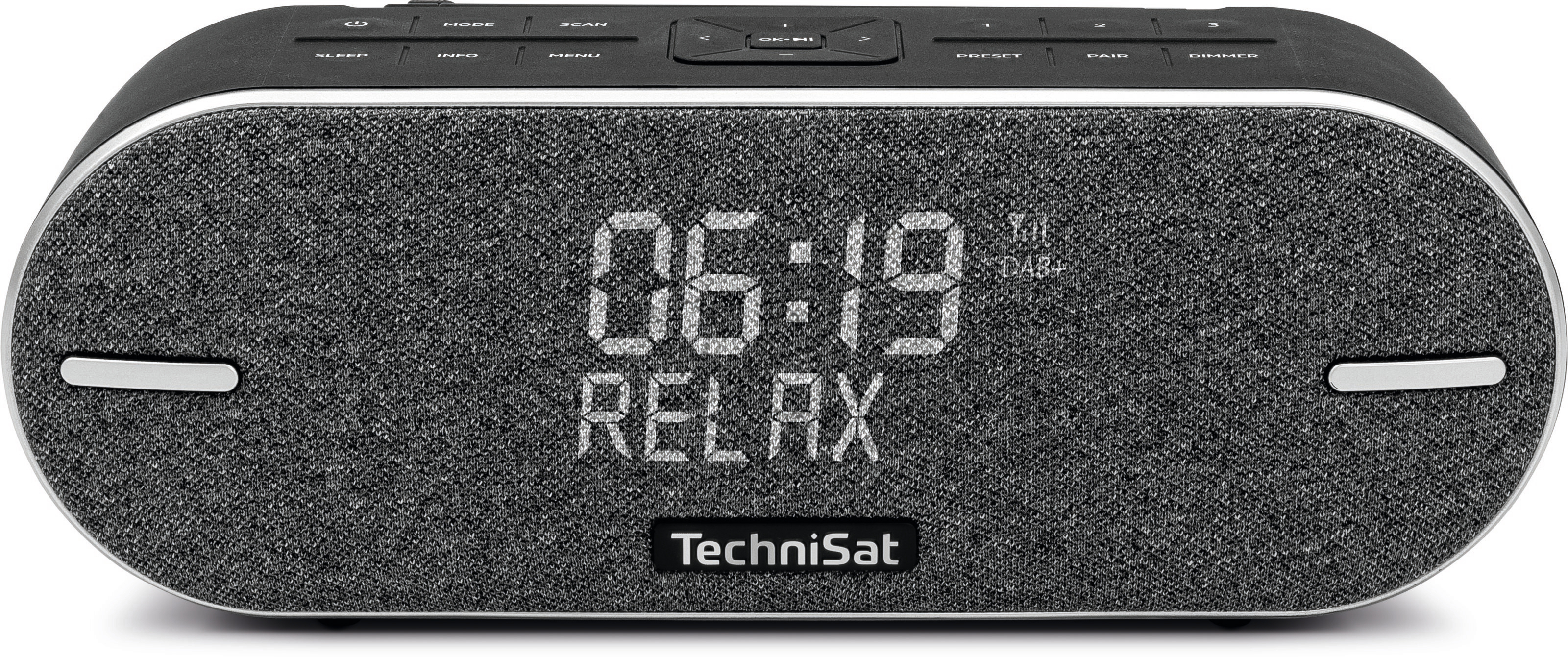Una radiosveglia TechniSat nera e grigia mostra 06:19 e RELAX. Ha pulsanti e una copertura per altoparlanti in tessuto.