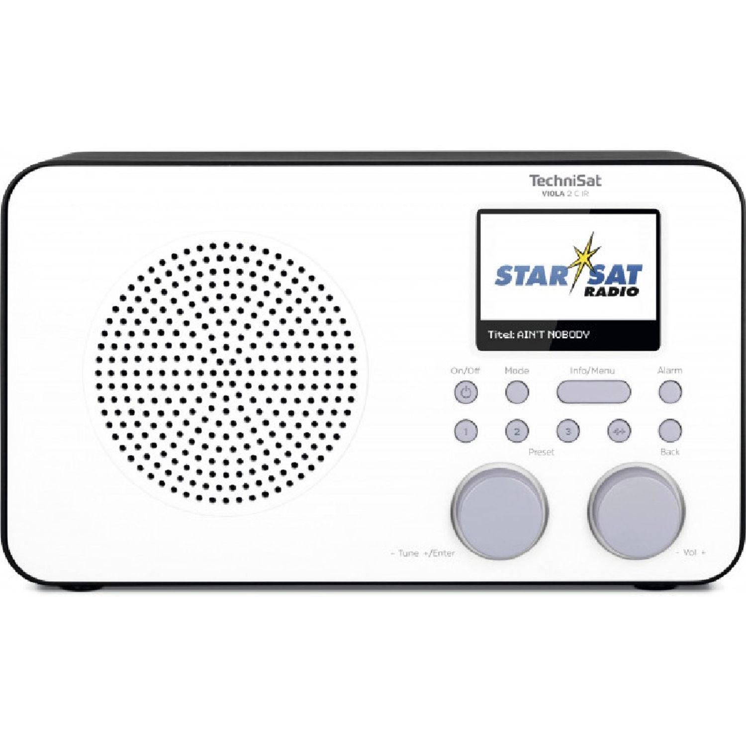 Białe radio z ekranem wyświetlającym 'STAR SAT RADIO'. Posiada przyciski i pokrętła do sterowania. Głośnik ma okrągły wzór.