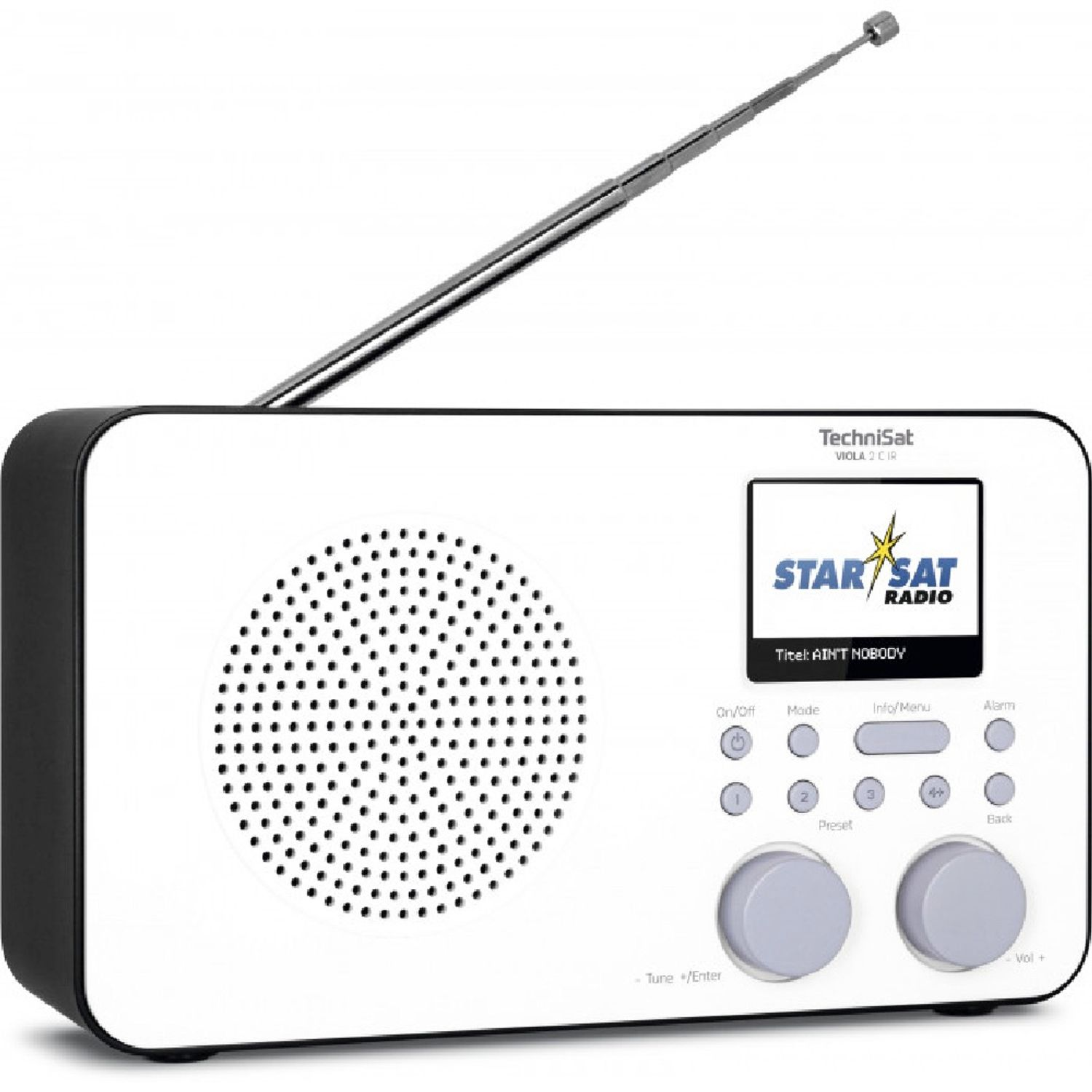 Biało-czarne radio TechniSat z ekranem wyświetlającym "Star Sat Radio". Posiada przyciski i wysuwaną antenę.