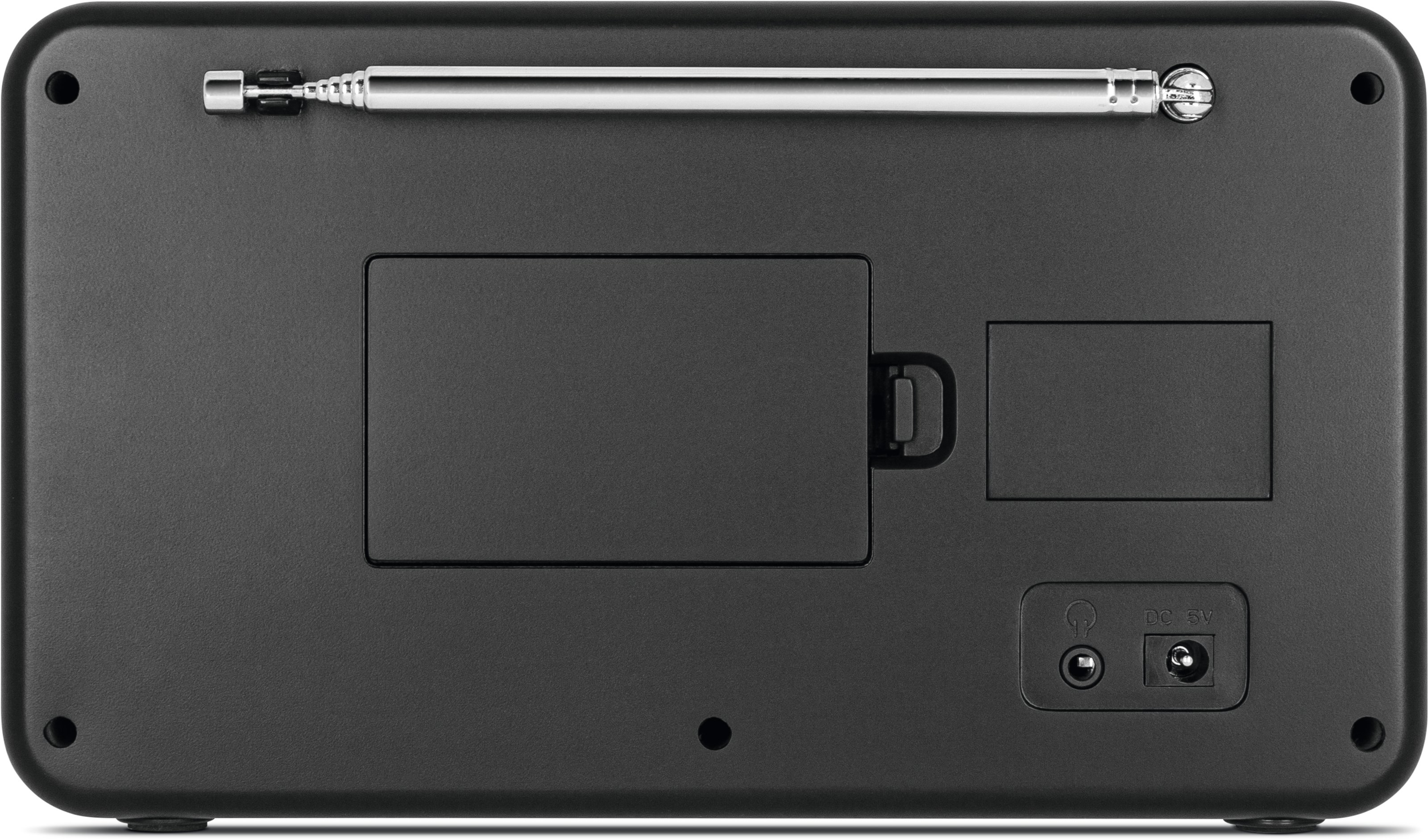 Czarny tył radia z anteną, komorą baterii i portami wejściowymi. Zawiera wejście DC 5V i inne punkty połączeń.