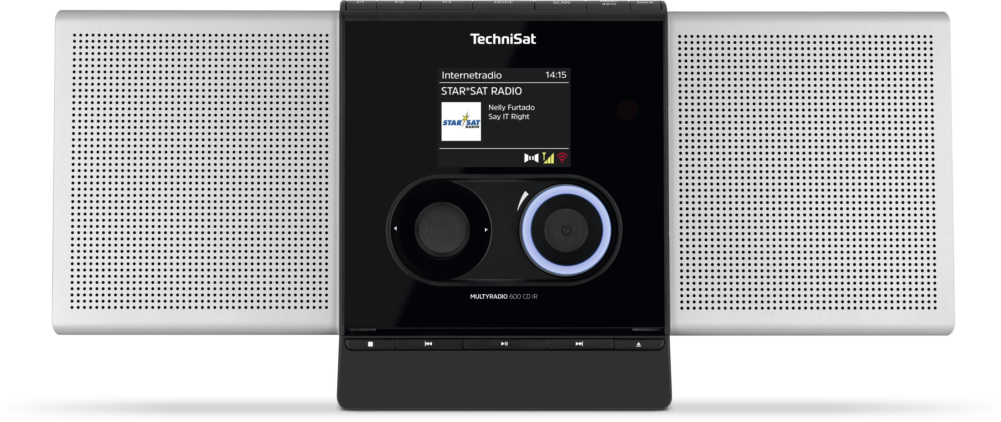 Una radio TechniSat nera e argento con uno schermo che mostra le informazioni radio e un altoparlante su ogni lato.