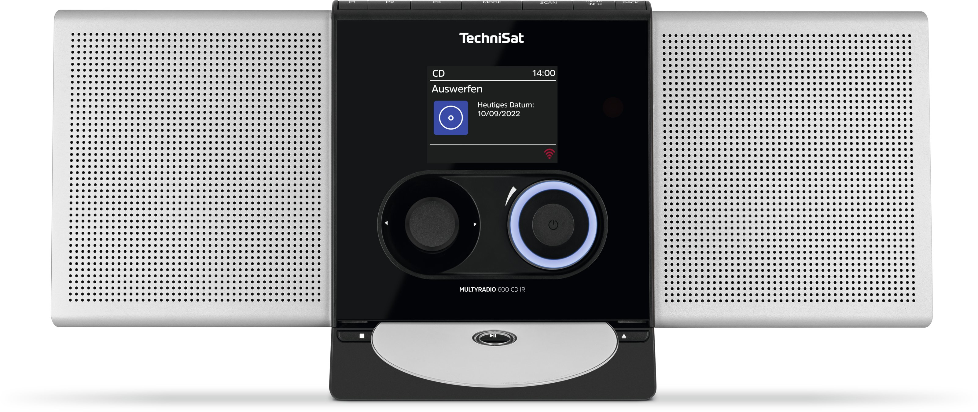 Una radio TechniSat con lettore CD. Lo schermo mostra le informazioni del CD. La radio è nera e argentata.