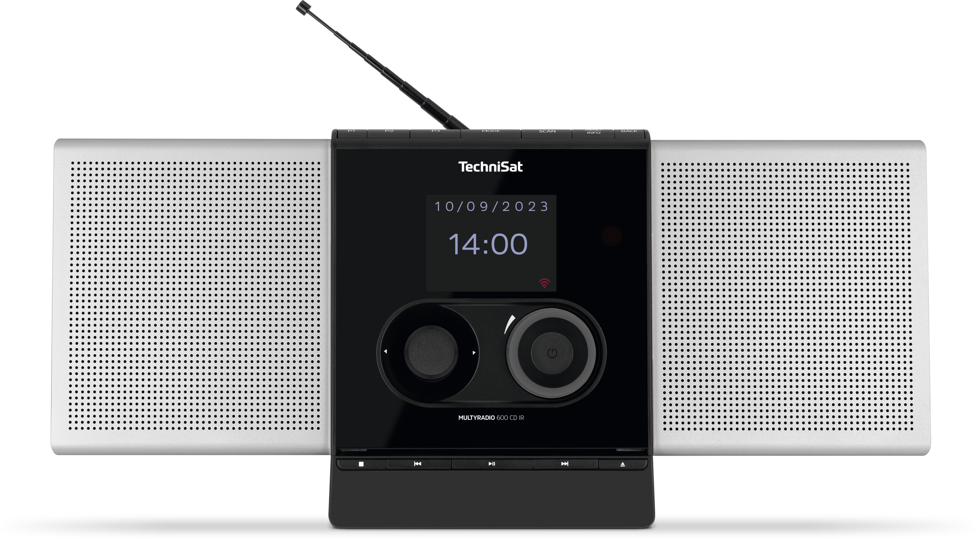 Una radio TechniSat nera e argento mostra data e ora. Ha altoparlanti su ogni lato e un'antenna.