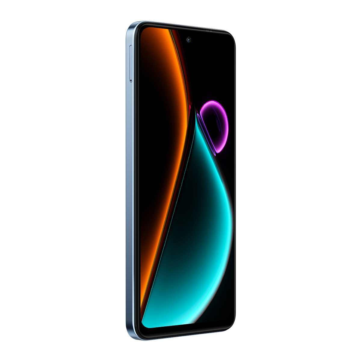 Smartfon z czarnym ekranem wyświetla kolorowy, abstrakcyjny wzór. Telefon ma niebieską ramkę, pochyloną w lewo, na białym tle.