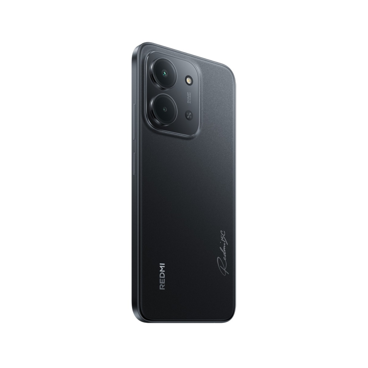 Czarny smartfon z podwójnym aparatem. Z tyłu nadrukowano 'REDMI' i 'Redmi 15C'. Telefon na białym tle.