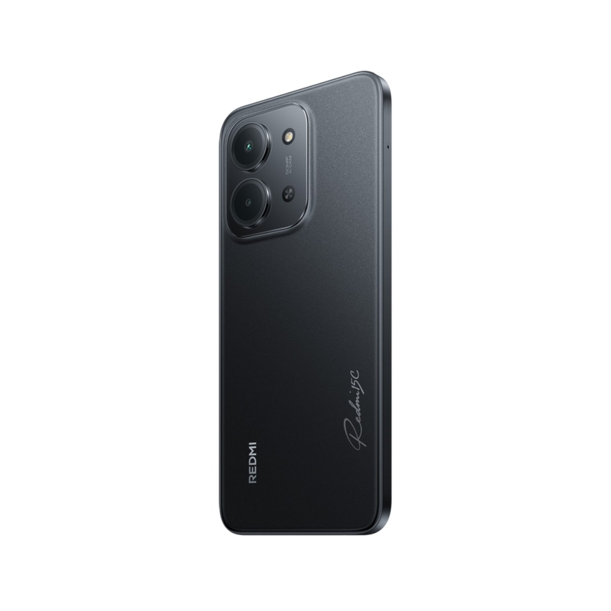 Ciemnoszary smartfon Redmi. Ma dwa aparaty, logo Redmi i napis 'Redmi 13C' z tyłu.
