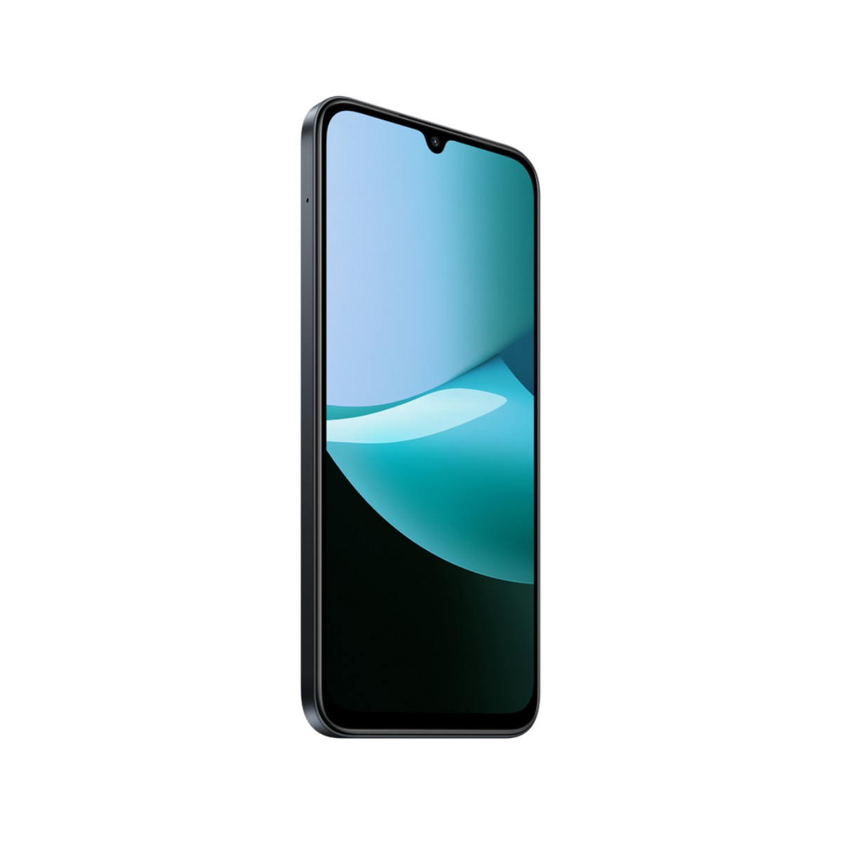Smartfon z czarną ramką i ekranem wyświetlającym gradient niebieskiego i turkusowego koloru, na białym tle.