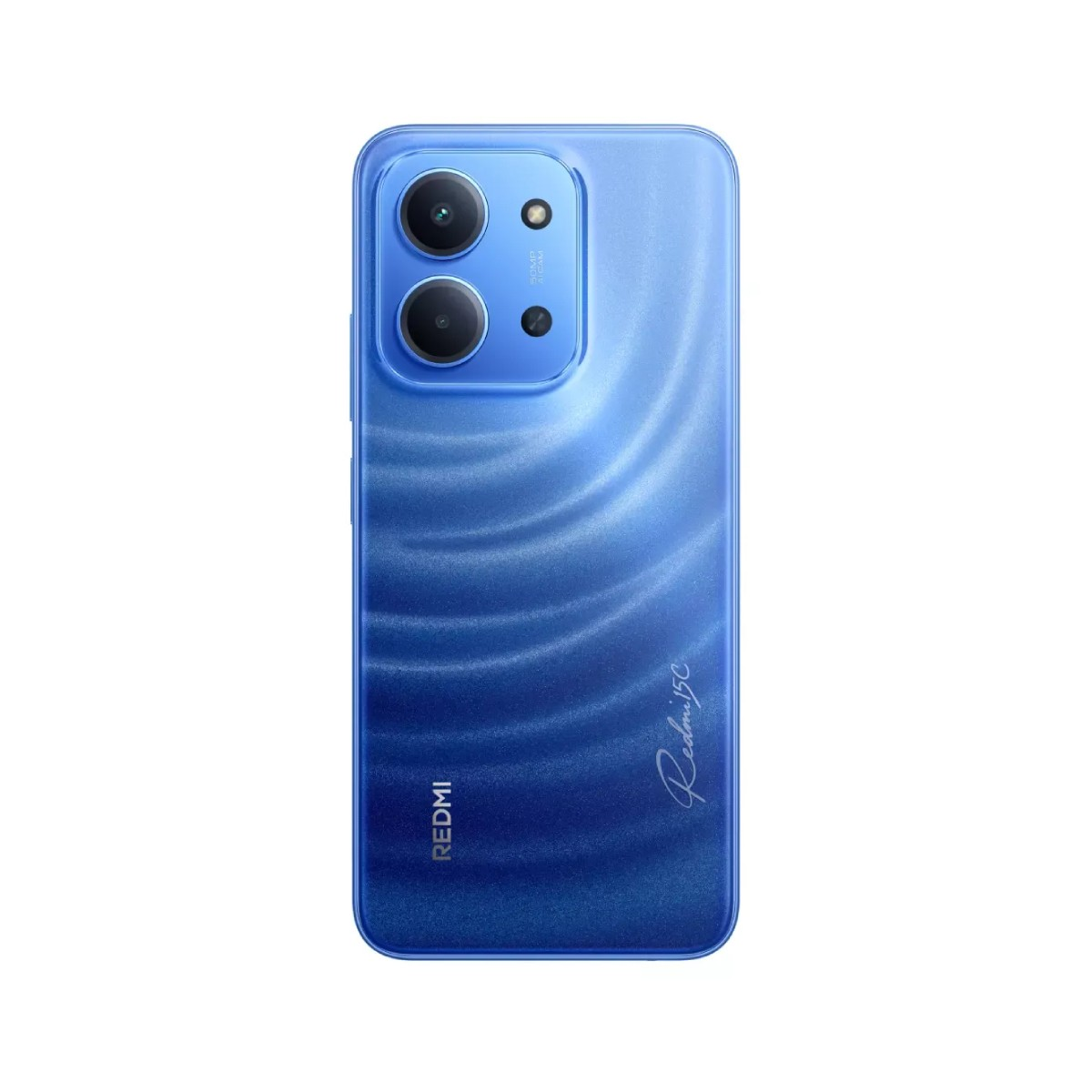 Niebieski smartfon Redmi 15C. Widoczne są dwa obiektywy aparatu i lampa błyskowa. Telefon ma falisty design z logo Redmi na dole.