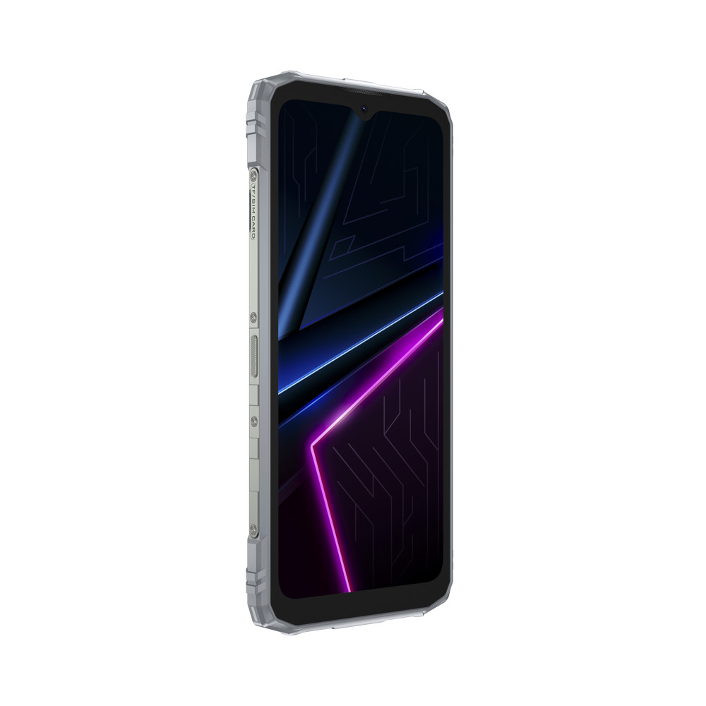 Srebrny smartfon z czarnym ekranem wyświetlającym neonową grafikę. Telefon ma wytrzymałą konstrukcję i boczne gniazdo na kartę SIM.