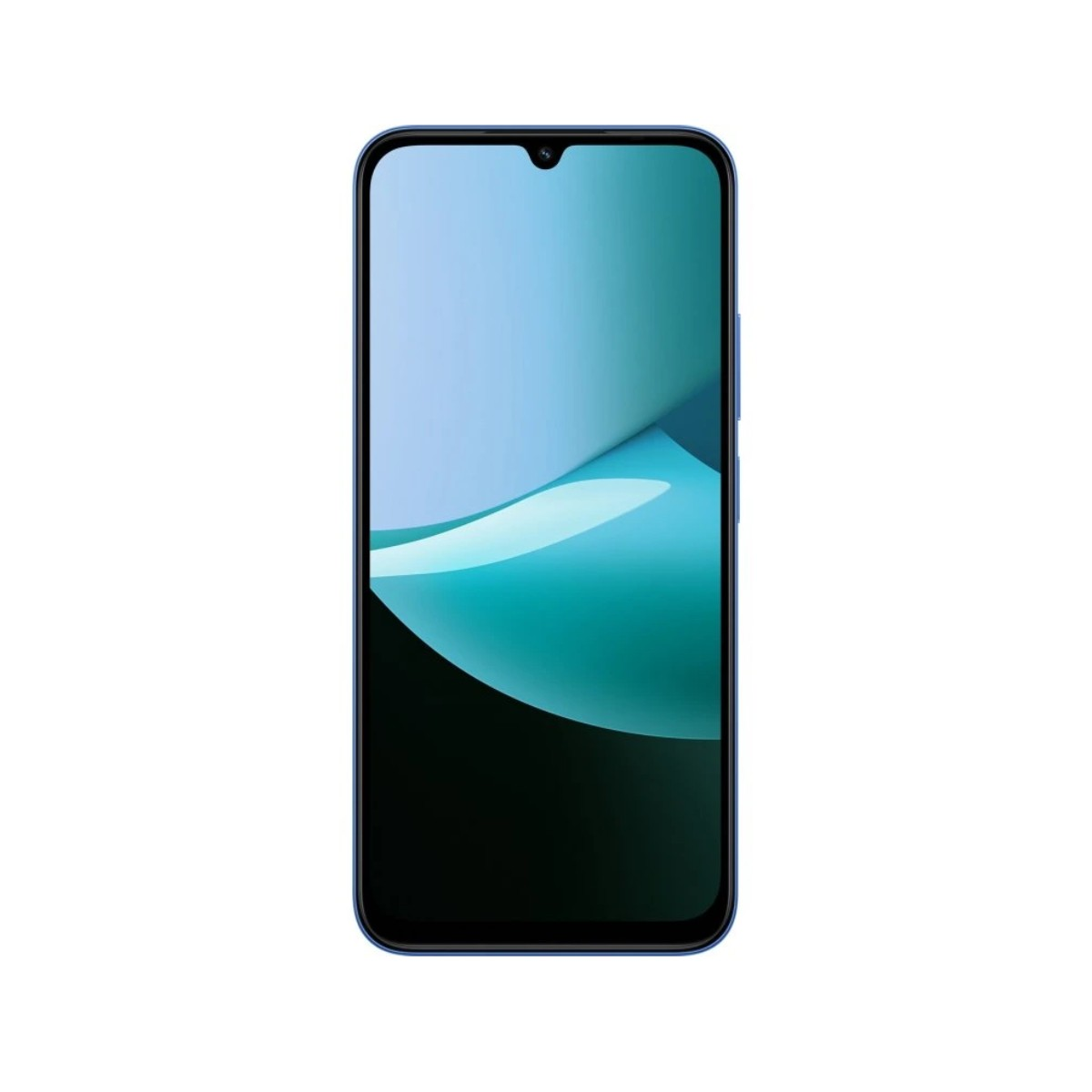 Niebieski smartfon z żywym wyświetlaczem przedstawiającym turkusowo-czarny abstrakcyjny wzór na białym tle.