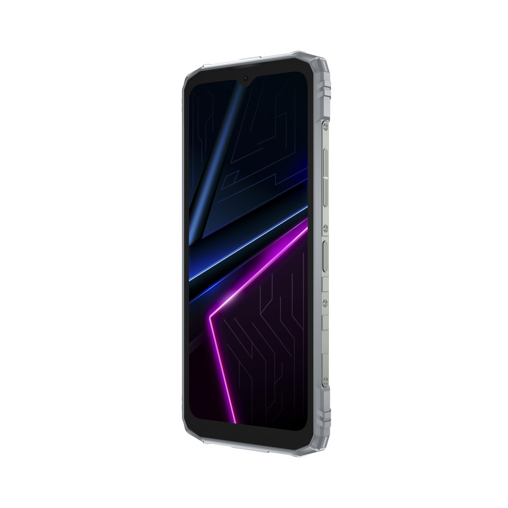 Srebrny smartfon wyświetlany jest po przekątnej. Ekran wyświetla neonowe linie w kolorze niebieskim i fioletowym na ciemnym tle.