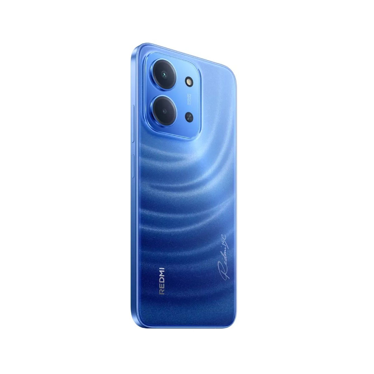 Niebieski telefon Redmi z dwoma aparatami. Ma gradientowy design i logo Redmi na dole.