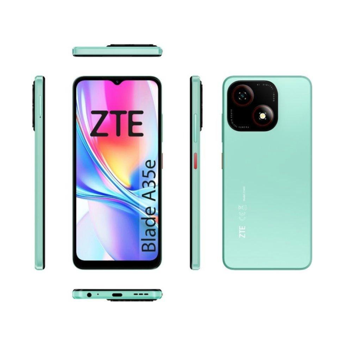 Zielony smartfon ZTE Blade A35e. Pokazuje przód, tył i boki. Posiada ekran z logo ZTE i podwójne kamery.