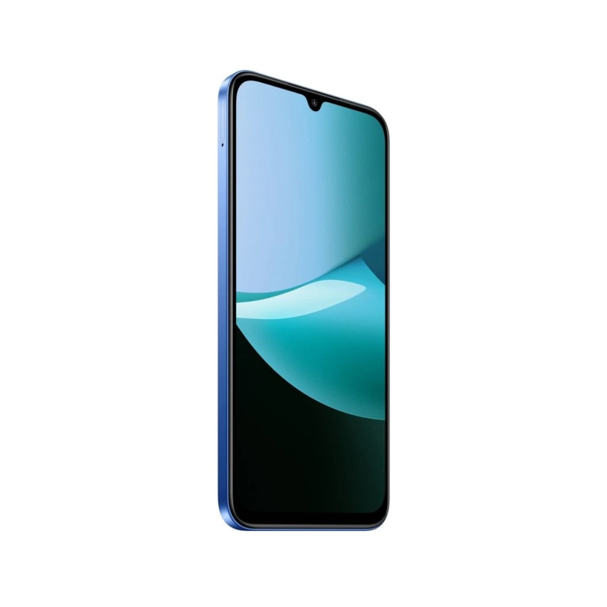 Niebieski smartfon jest wyświetlany pod kątem. Ekran pokazuje niebieski i turkusowy wzór fali na czarnym tle.