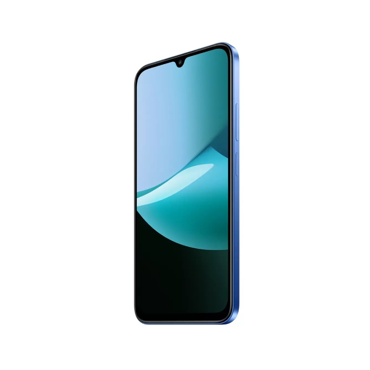 Niebieski smartfon wyświetlany pod kątem na białym tle. Ekran pokazuje niebiesko-zielony gradient.