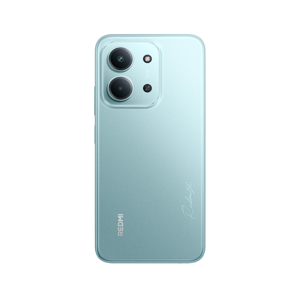 Jasnoniebieski smartfon Redmi. Ma dwa obiektywy aparatu i lampę błyskową. Logo Redmi znajduje się na dole, a napis 'Redmi 5C'.