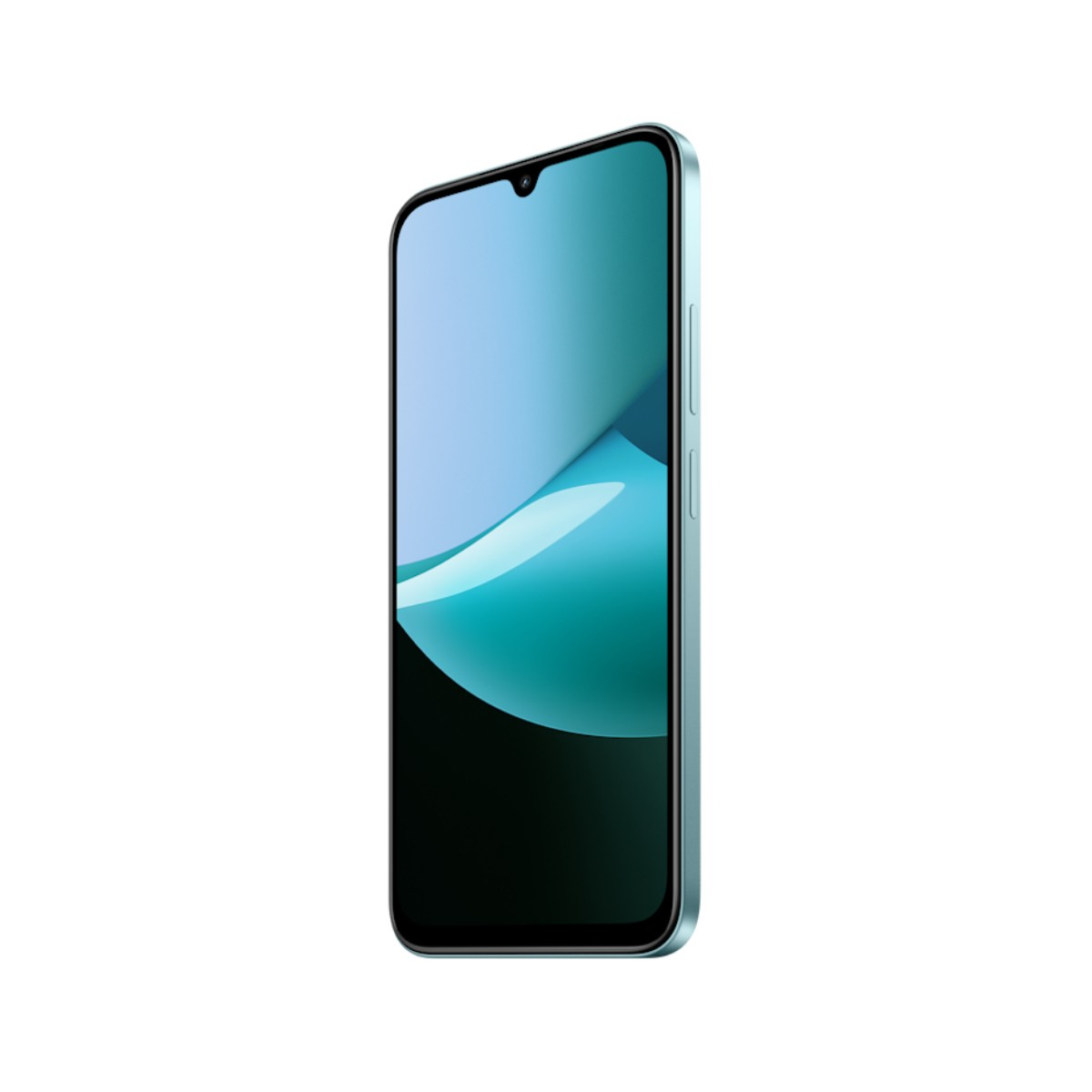 Smartfon z jasnoniebieską ramką i ekranem wyświetlającym niebieski i turkusowy wzór fali na białym tle.