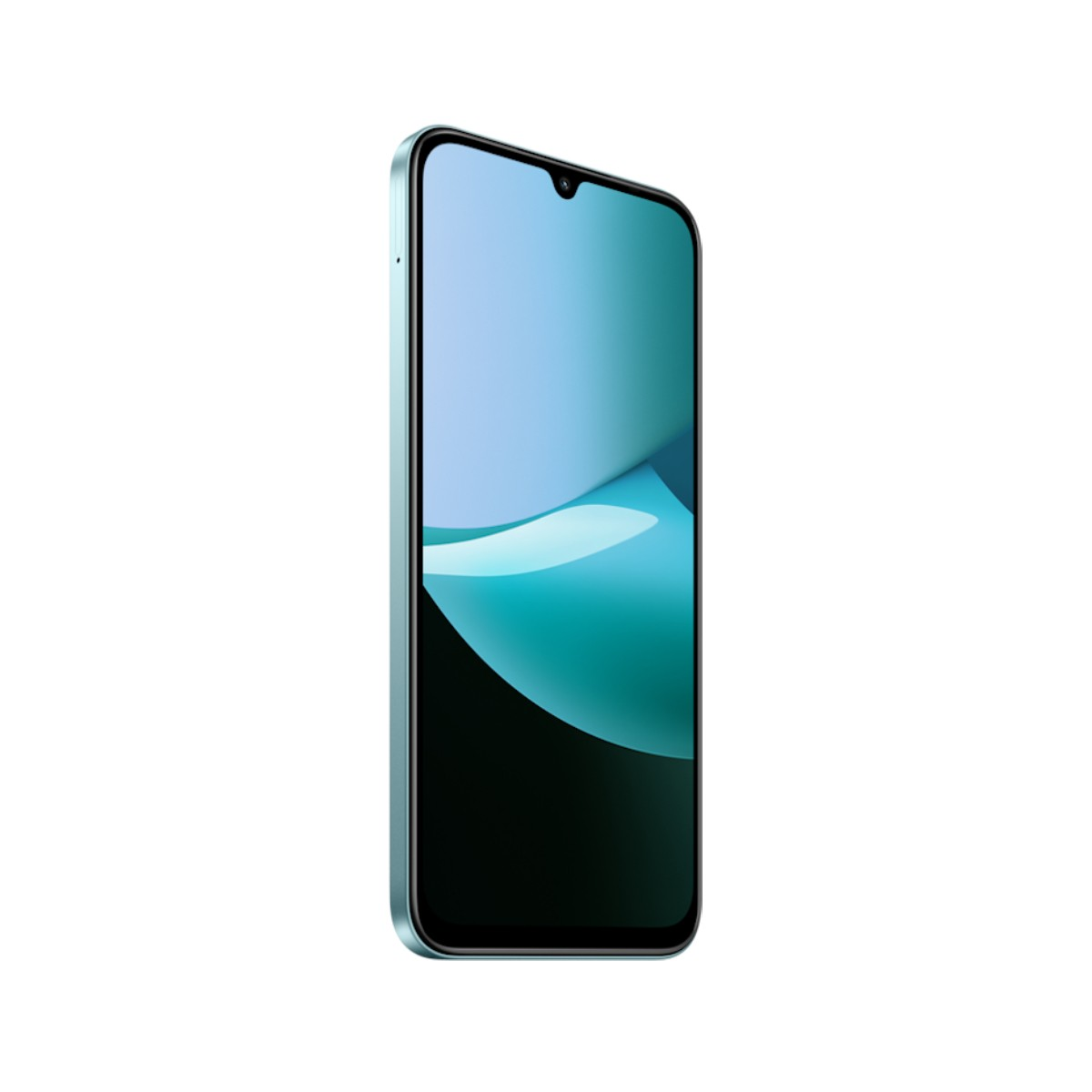 Smartfon z jasnoniebieską ramką i ekranem wyświetlającym abstrakcyjne niebieskie i turkusowe kształty. Tło jest białe.