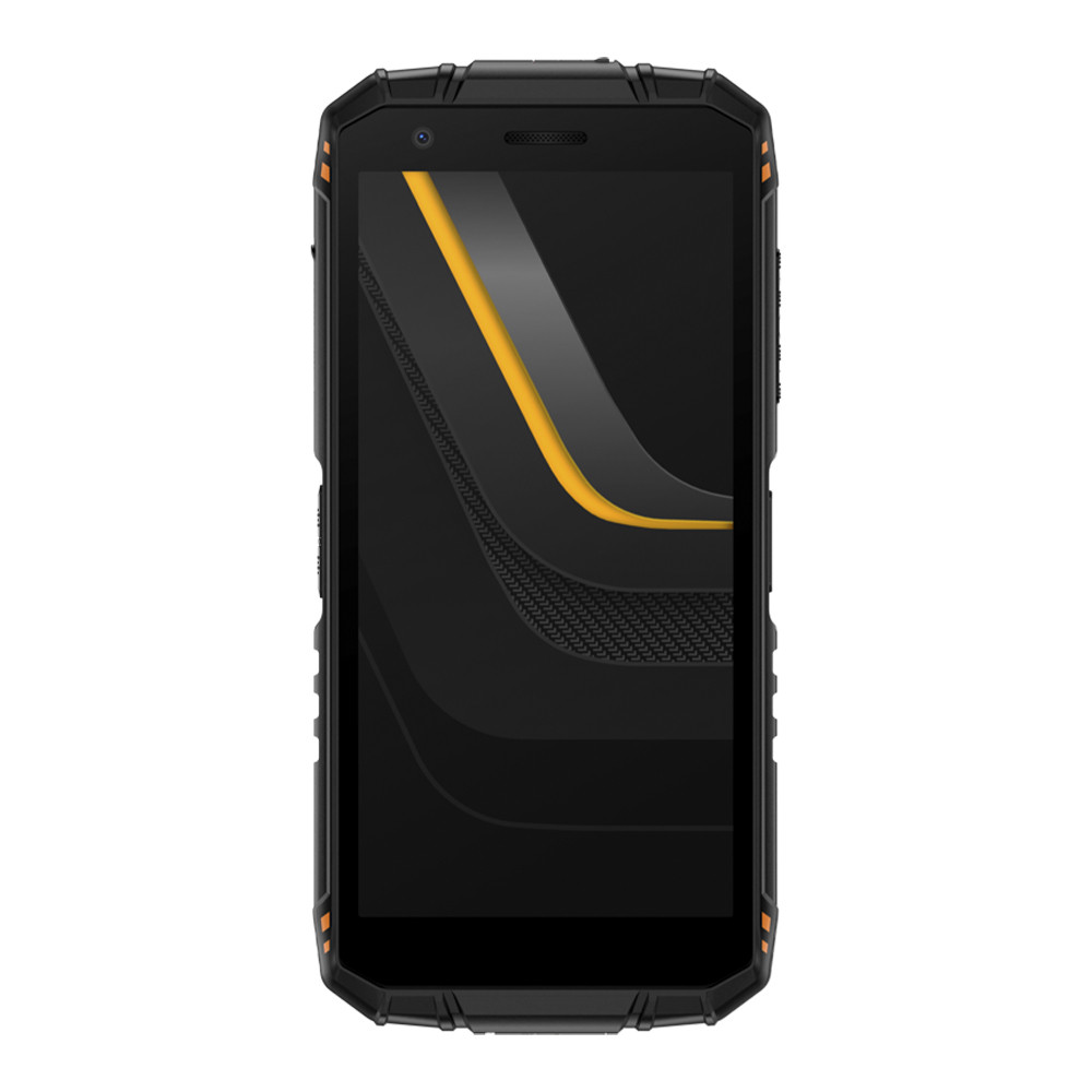 Czarny, wytrzymały smartfon z pomarańczowym akcentem. Ekran wyświetla czarno-żółty wzór. Telefon znajduje się na białym tle.