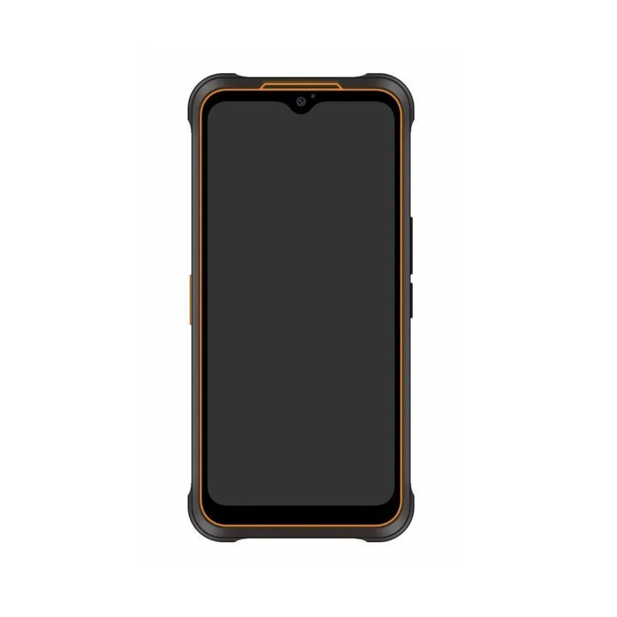 Uno smartphone nero con bordo arancione. Ha una fotocamera in alto. Lo schermo è nero e il telefono è su sfondo bianco.