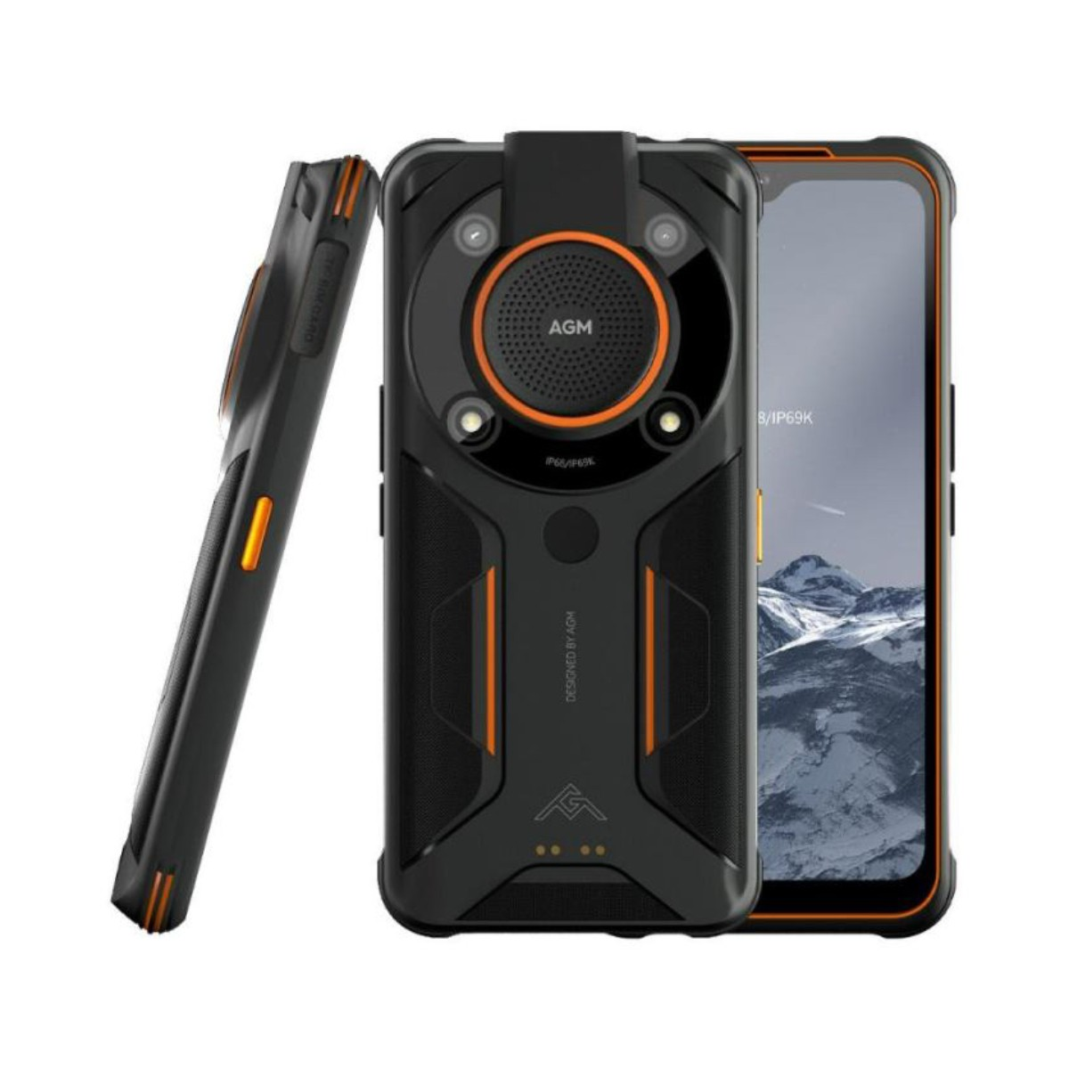 Smartphone robusto AGM nero con dettagli arancioni. Fotocamera, schermo e vista laterale con slot per scheda SIM.