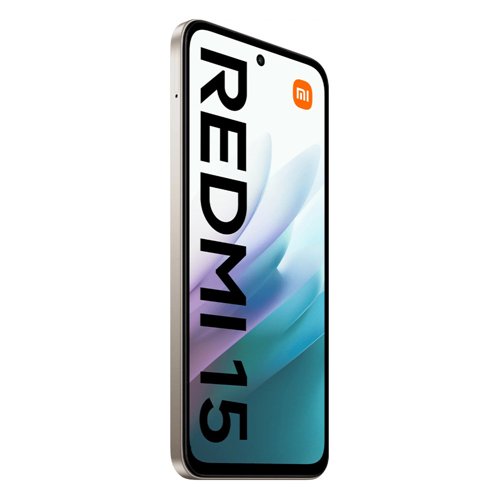 Uno smartphone con la scritta 'Redmi 15' sullo schermo. È visibile un logo Xiaomi arancione. Il telefono ha uno sfondo bianco.