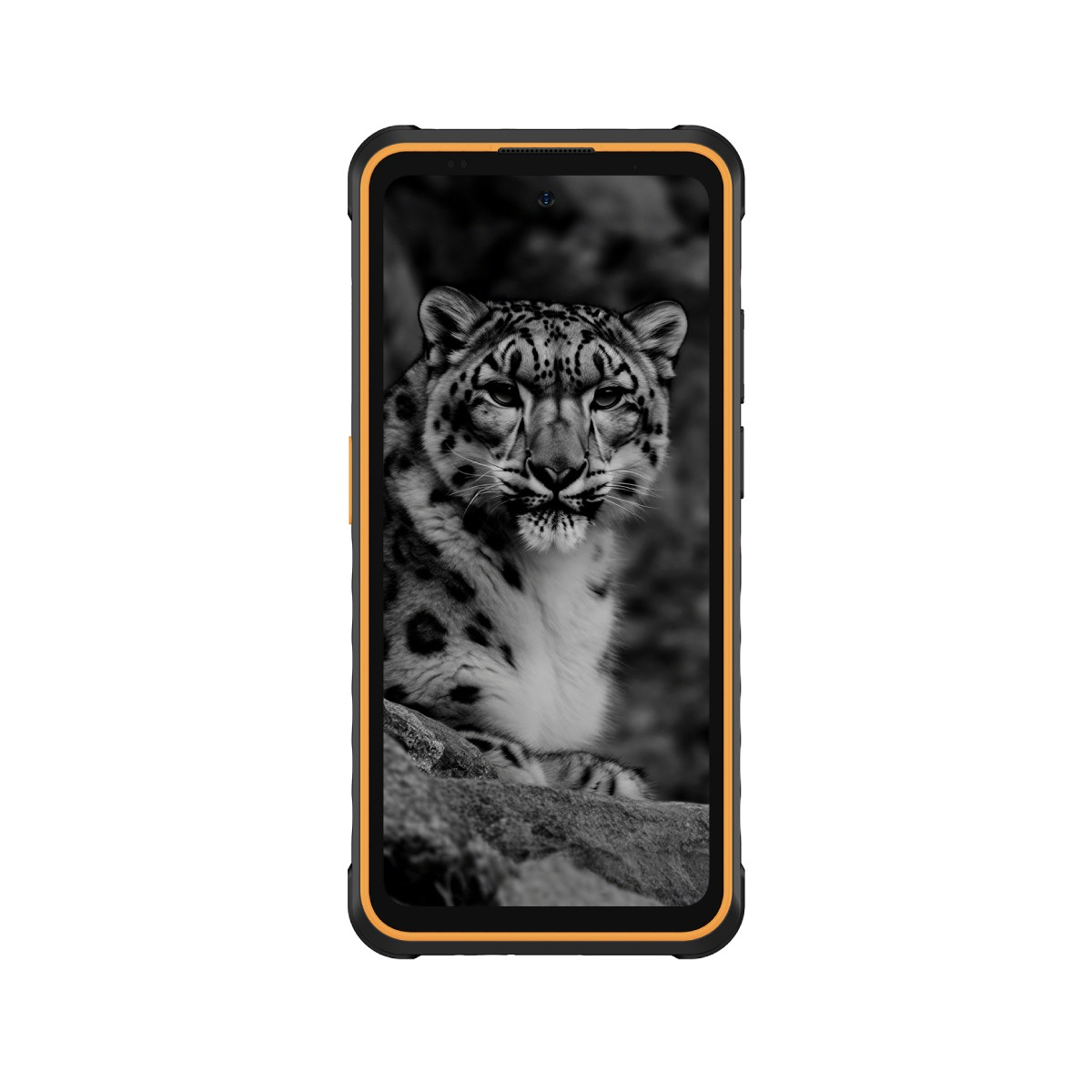 Smartfon wyświetla monochromatyczny obraz pantery śnieżnej. Telefon ma czarną ramkę z pomarańczowym akcentem.