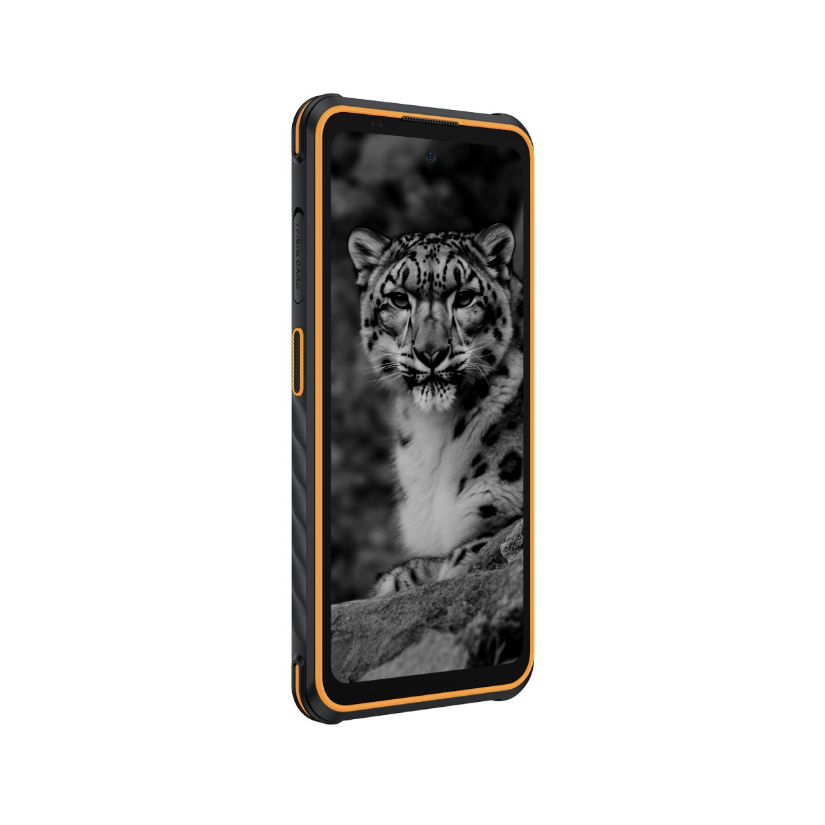Smartfon wyświetla czarno-biały obraz pantery śnieżnej. Telefon ma czarno-pomarańczowe etui ochronne.