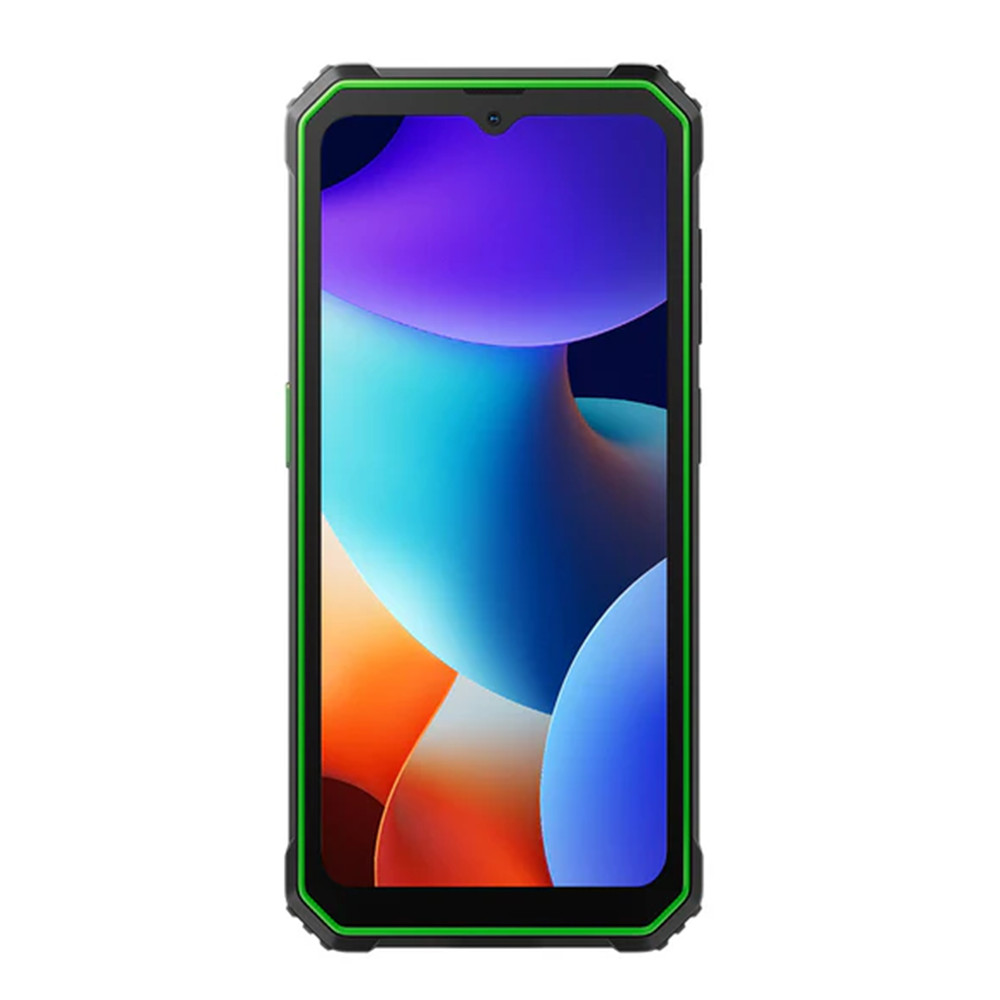 Uno smartphone con un design robusto nero e verde. Lo schermo mostra uno sfondo astratto colorato con forme blu e arancioni.