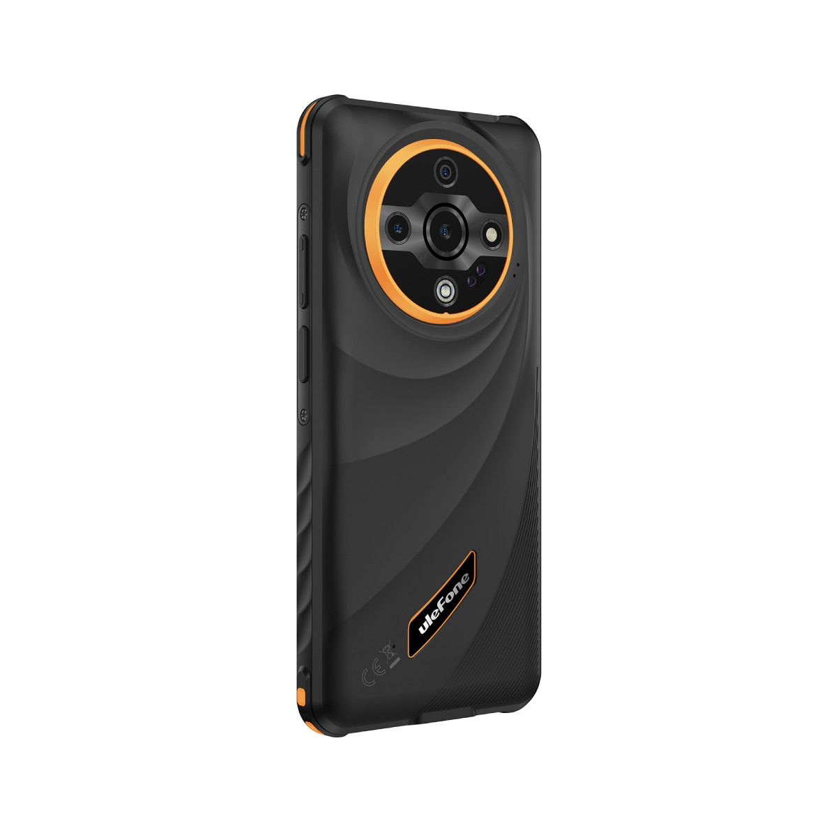 Czarny smartfon Ulefone z pomarańczowymi akcentami. Posiada okrągły moduł aparatu i logo Ulefone. Telefon na białym tle.