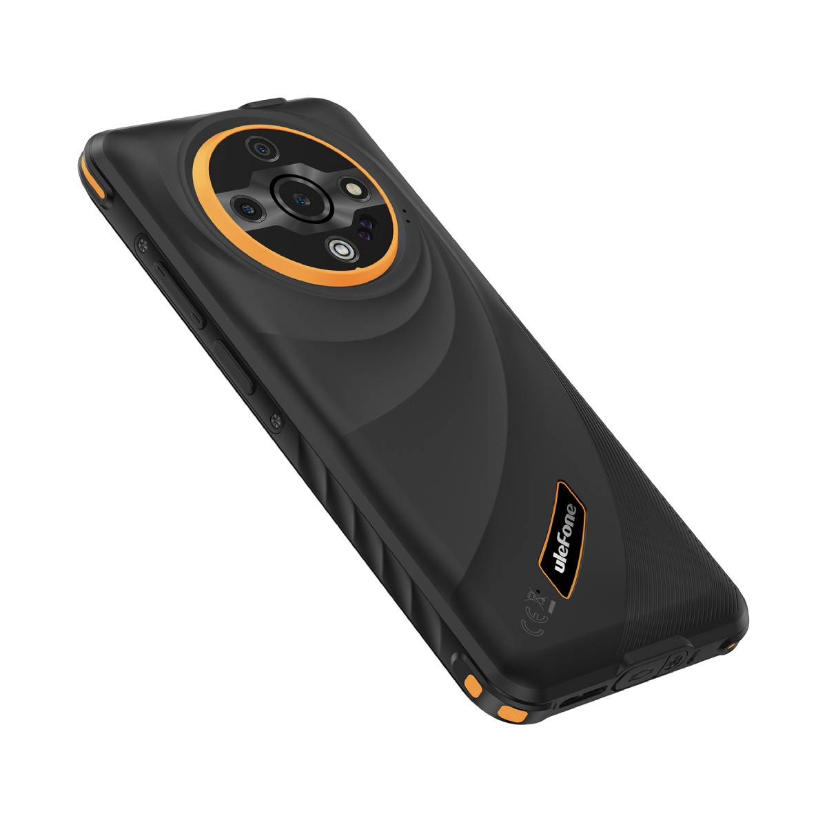 Czarny, wytrzymały smartfon Ulefone z pomarańczowymi akcentami. Posiada wiele tylnych kamer. Telefon jest ustawiony pod kątem na białym tle.