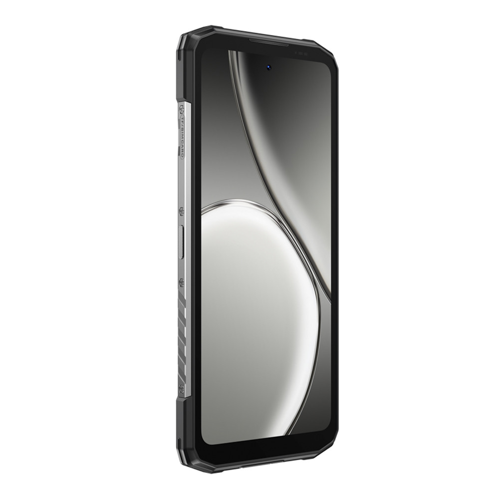 Czarny i srebrny smartfon jest wyświetlany pod lekkim kątem. Ekran pokazuje wzór gradientu. Telefon ma solidną konstrukcję.