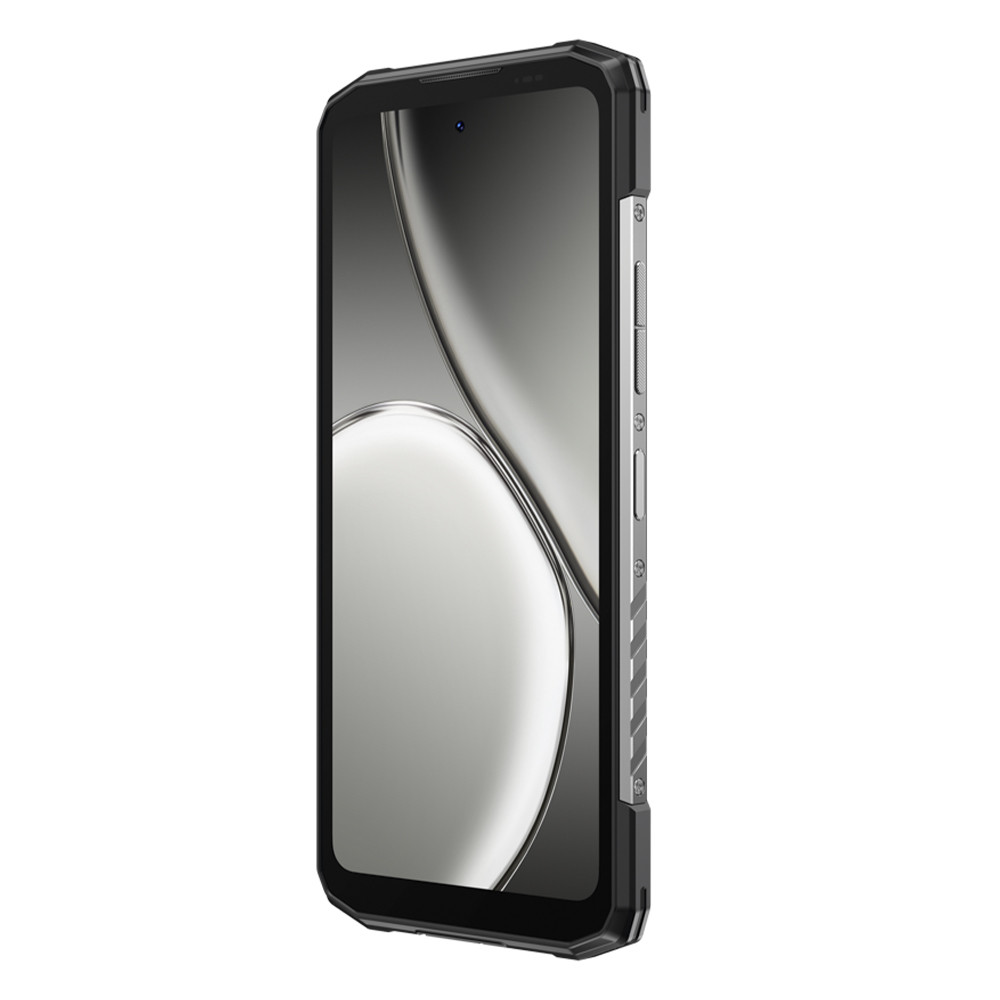 Czarny smartfon ze srebrną ramką i ekranem wyświetlającym biało-szary wzór fal, odizolowany na białym tle.