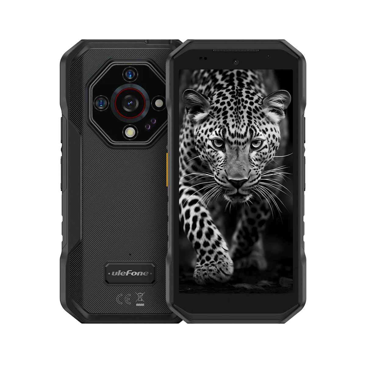 Schwarzes Smartphone mit Leopard-Bild auf dem Bildschirm. Die Rückseite hat Kameralinsen. Das Telefon ist freigestellt.
