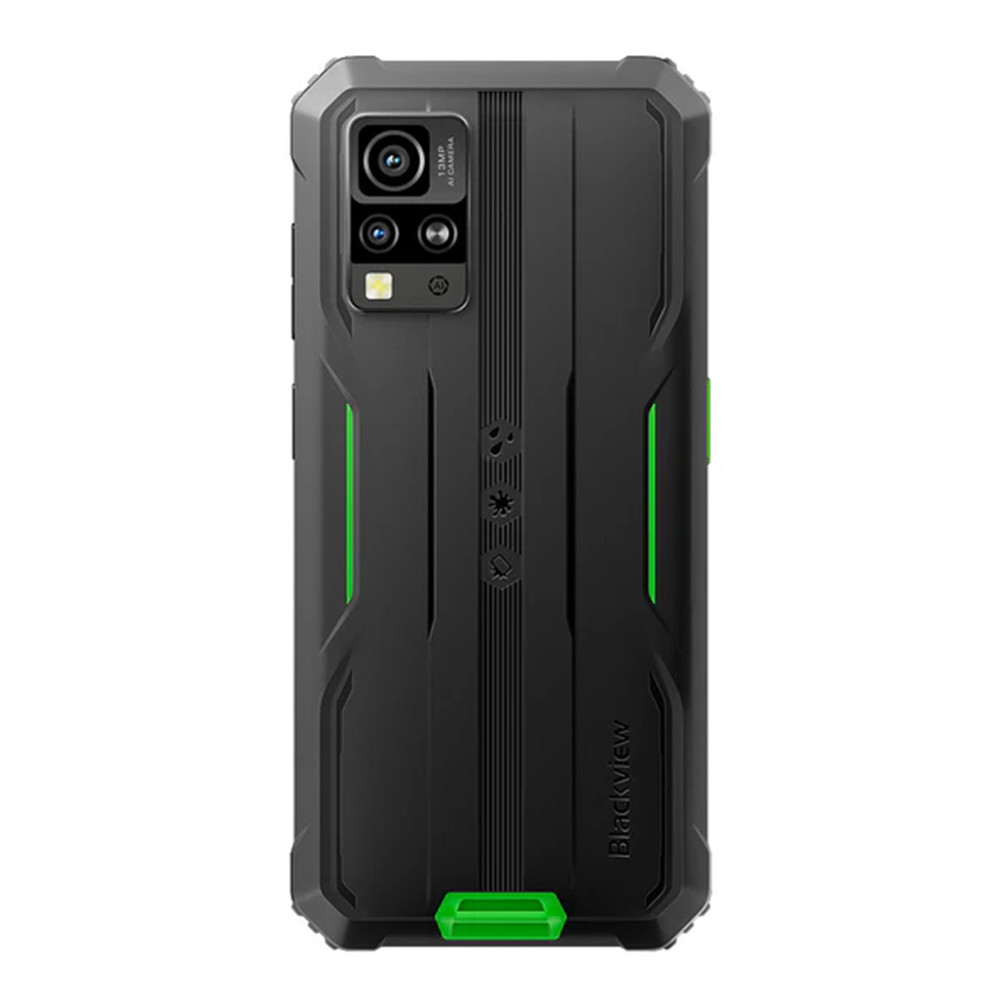 Retro del telefono nero con fotocamera, flash e dettagli verdi. Il marchio Blackview è in basso.