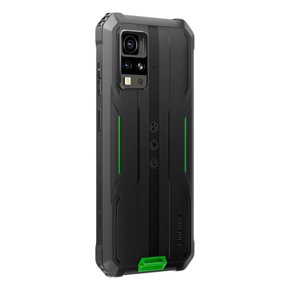 Smartphone robusto nero e verde. Presenta tripla fotocamera, etichetta impermeabile e logo Blackview. Dettagli verdi sul retro.