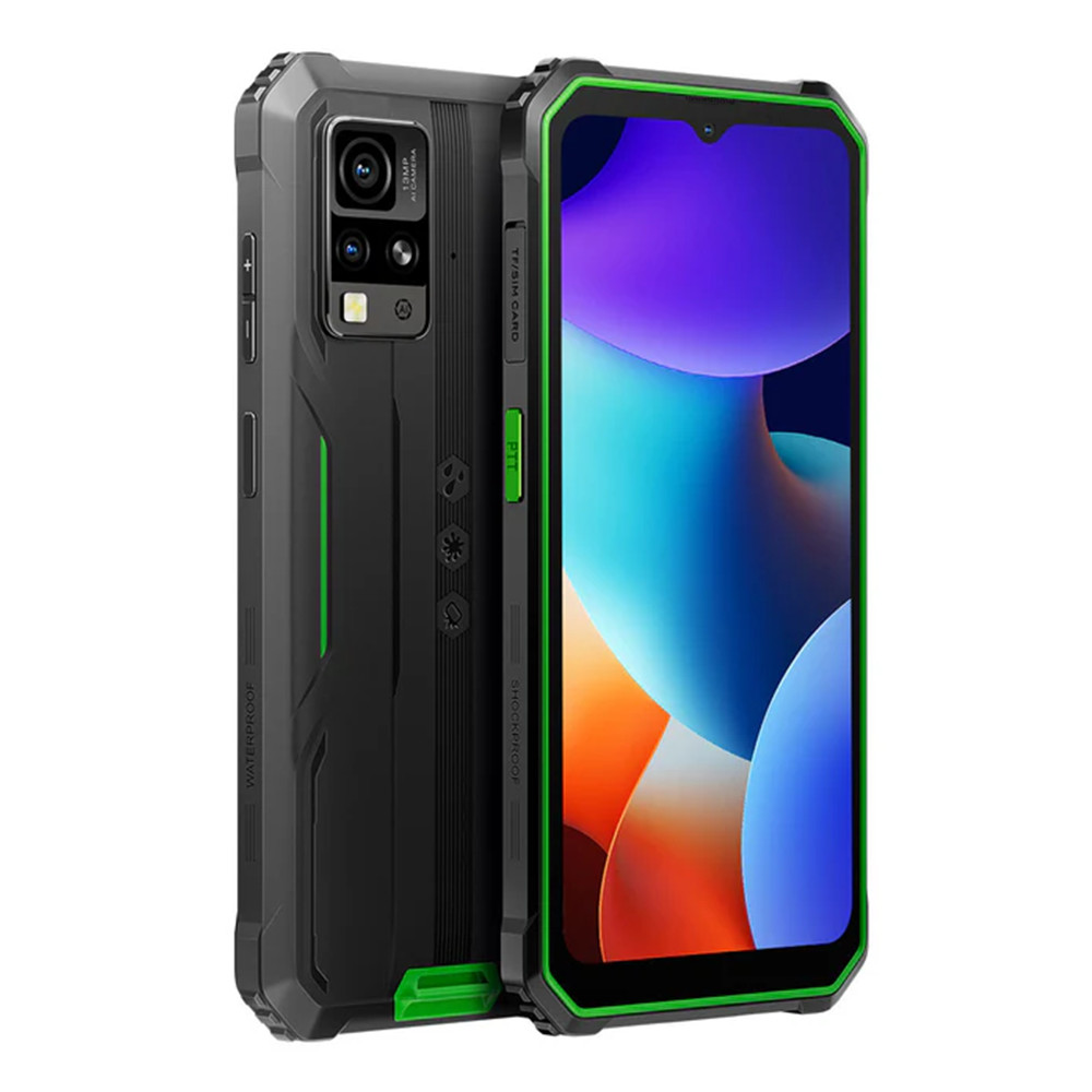 Smartphone robusto nero e verde. Presenta una fotocamera, pulsanti e uno schermo che mostra un'immagine astratta colorata.
