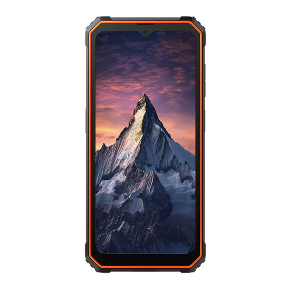Uno smartphone robusto mostra una scena di montagna con un cielo al tramonto. Il telefono ha una cornice nera e arancione.