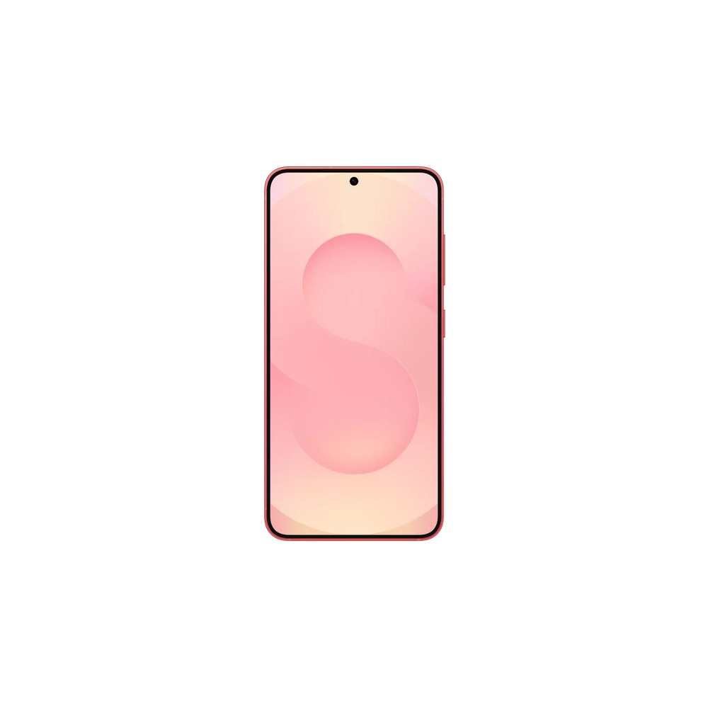 Een roze smartphone met een gebogen scherm. Het scherm toont een roze gradiënt met een grote, gestileerde 'S'-vorm.