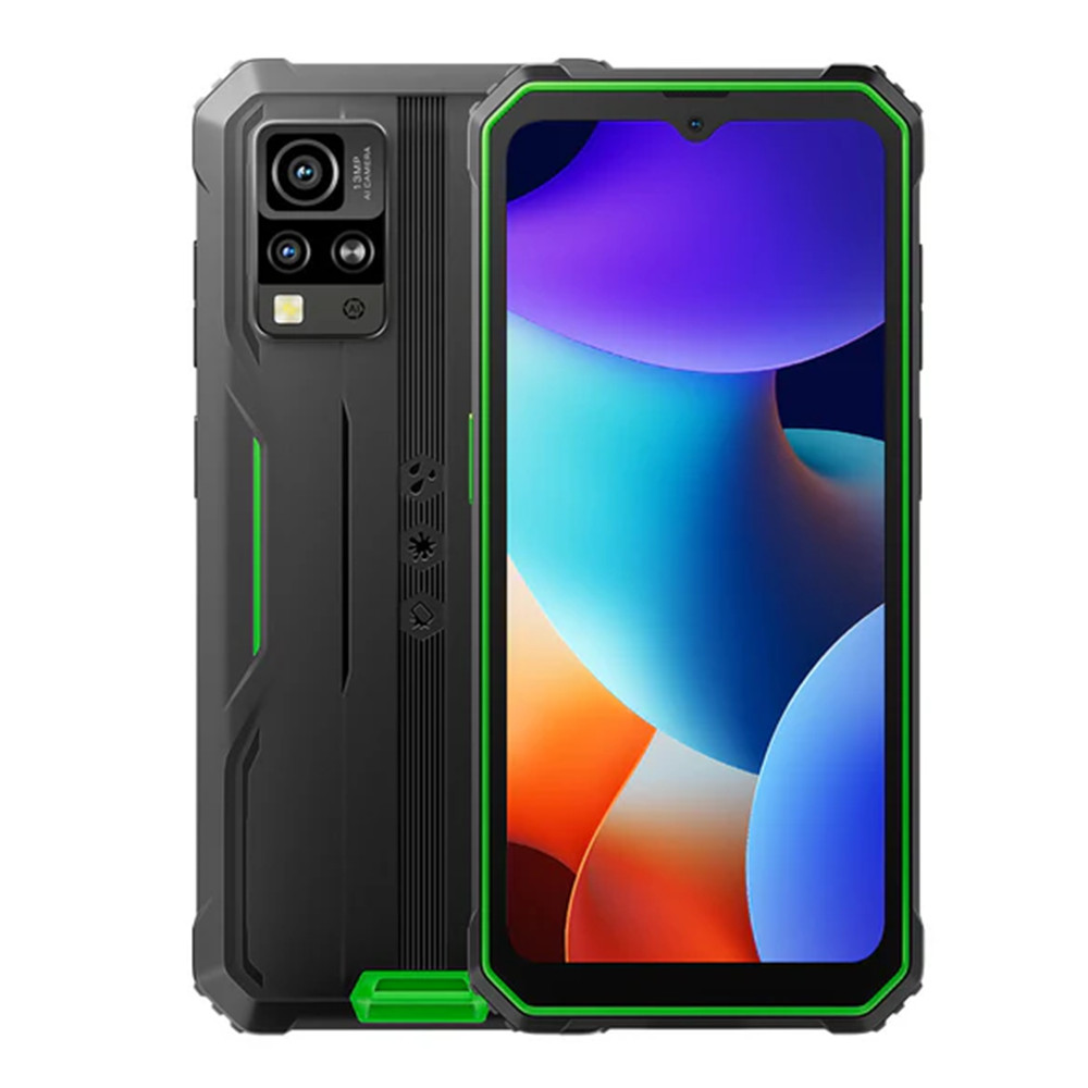 Smartphone nero con cornice verde. Ha una fotocamera e uno schermo colorato con forme astratte.