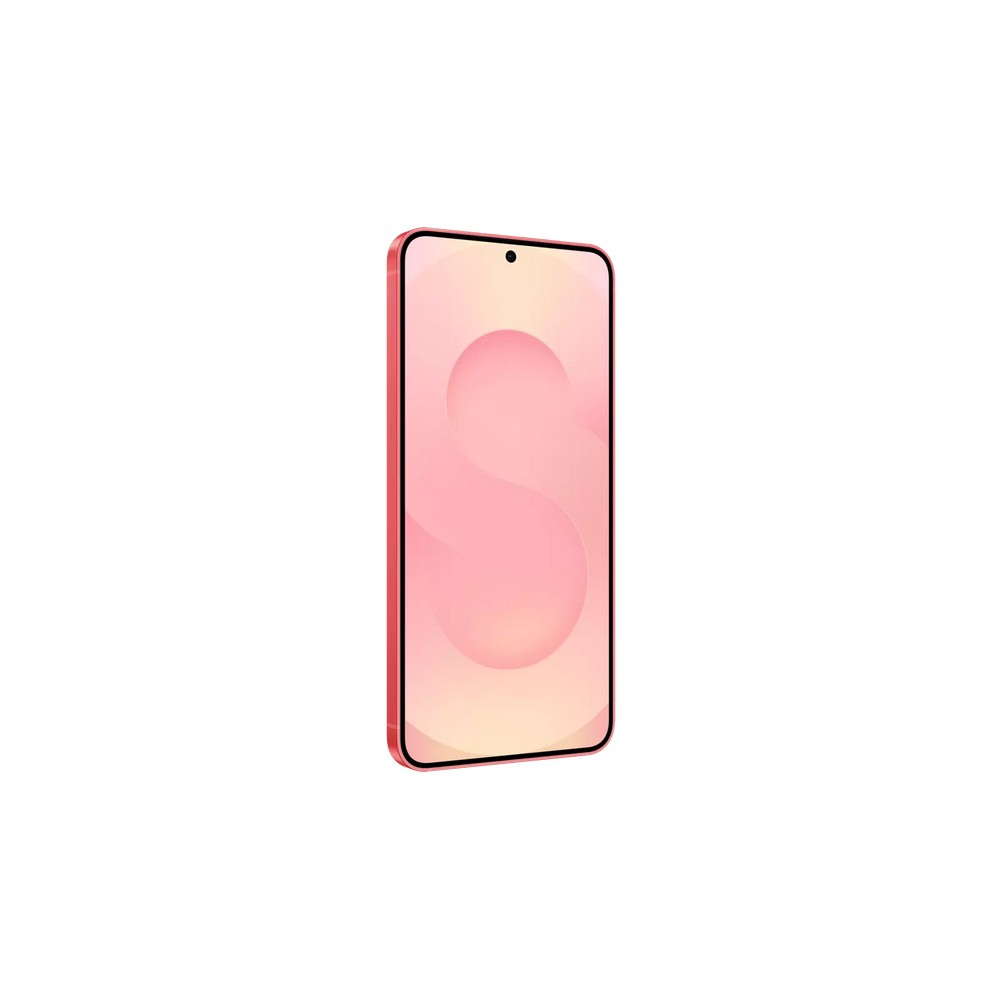 Een roze smartphone met een lichtroze scherm dat een witte 'S'-vorm toont, tegen een witte achtergrond. De telefoon heeft een zwart punt.
