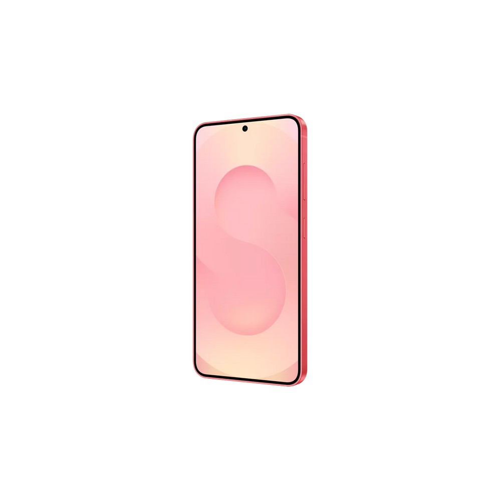 Een roze smartphone met een 'S'-ontwerp op het scherm. De telefoon staat op een witte achtergrond. De telefoon heeft een rood frame en knoppen.