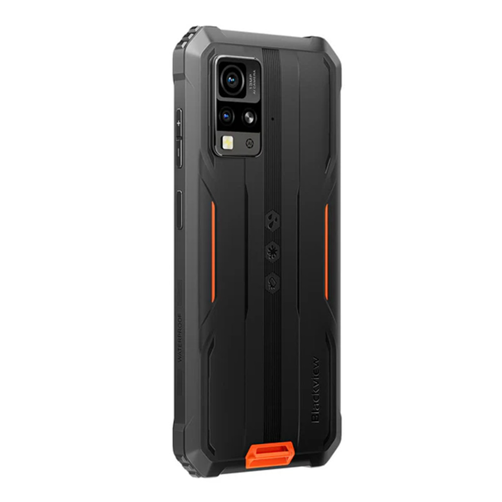 Smartphone nero robusto con dettagli neri e arancioni. Ha una fotocamera e il logo Blackview.