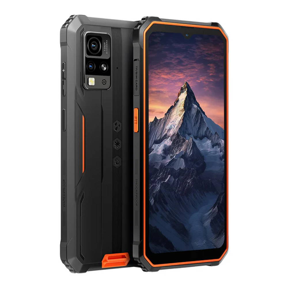 Smartphone robusto con dettagli neri e arancioni. Lo schermo mostra un paesaggio montano. Il dispositivo ha fotocamera e pulsanti.