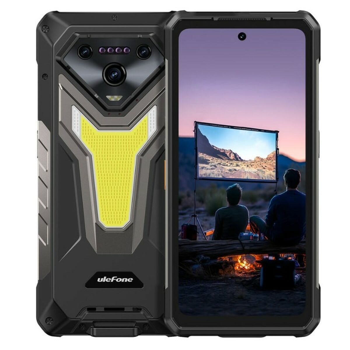 Telefono Ulefone robusto con schermo che mostra due persone che guardano un film all'aperto. Il telefono ha un design nero, giallo e grigio.