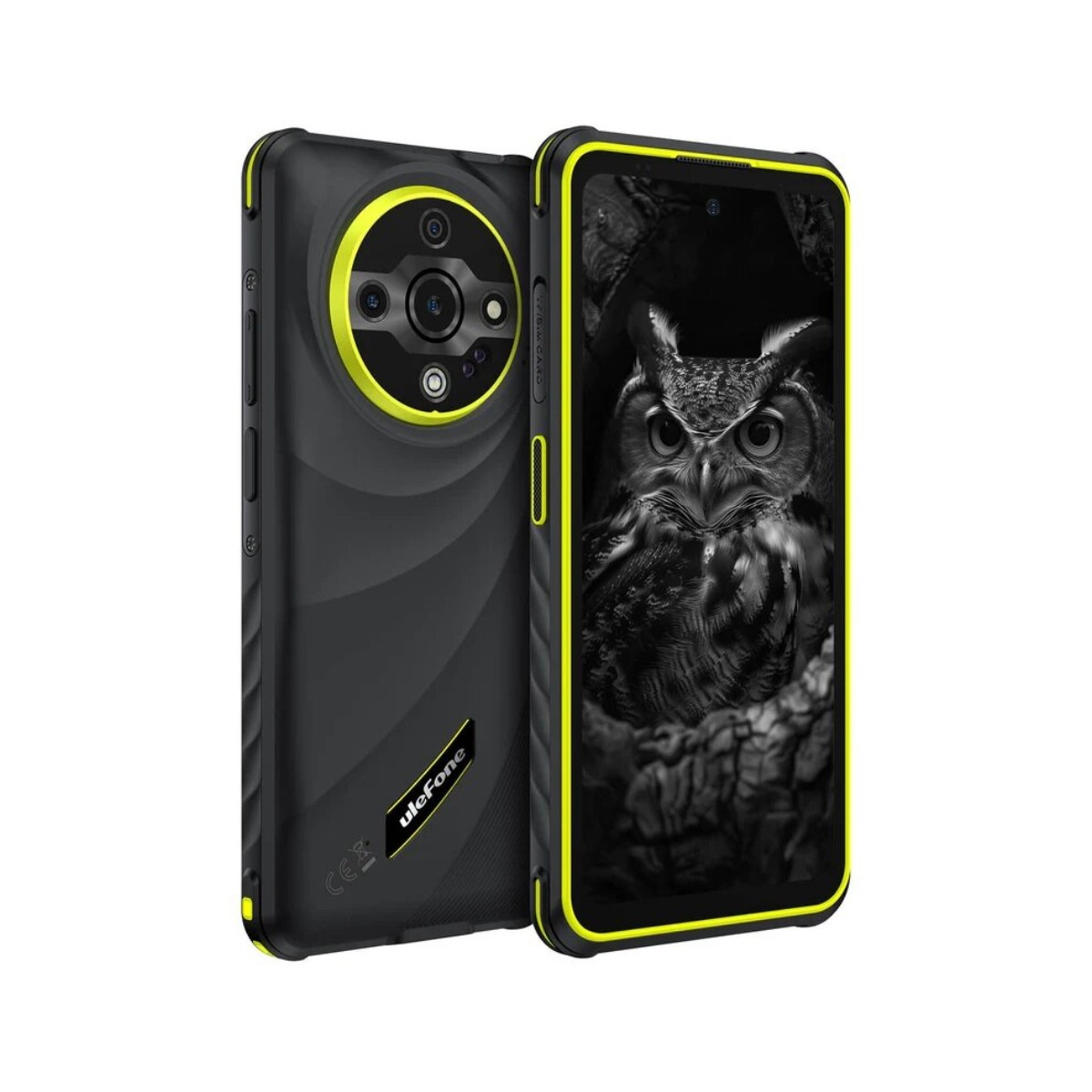 Schwarzes Ulefone-Telefon mit gelbem Rand und Kamera. Der Bildschirm zeigt eine Eule. Die Rückseite hat einen gelben Kamerakreis.