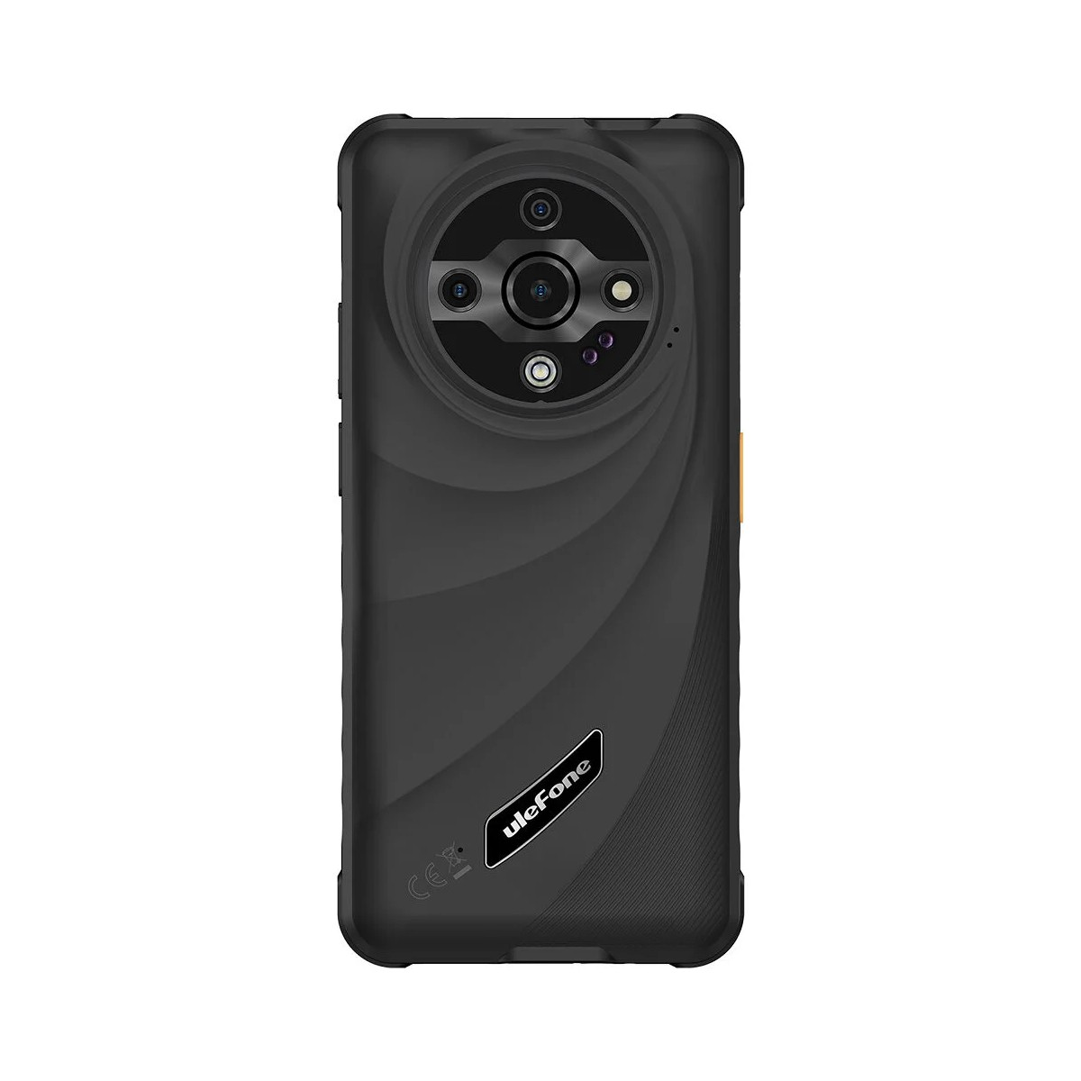 Schwarzes Ulefone-Smartphone-Rückseite. Kreisförmiges Kameramodul mit mehreren Linsen. Strukturierte Rückseite mit Markennamen.